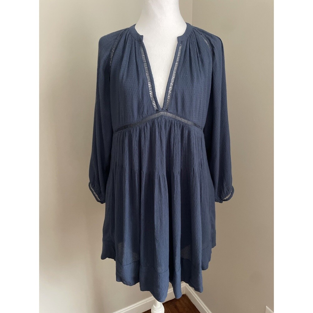 FREE PEOPLE Women XS Go Lightly Swing Mini Dress BLUE Boho Hippie Tunic Crochet